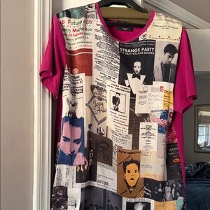 Vintage Graphic Collage silk front T-Shirt with Pink Sleeves and back